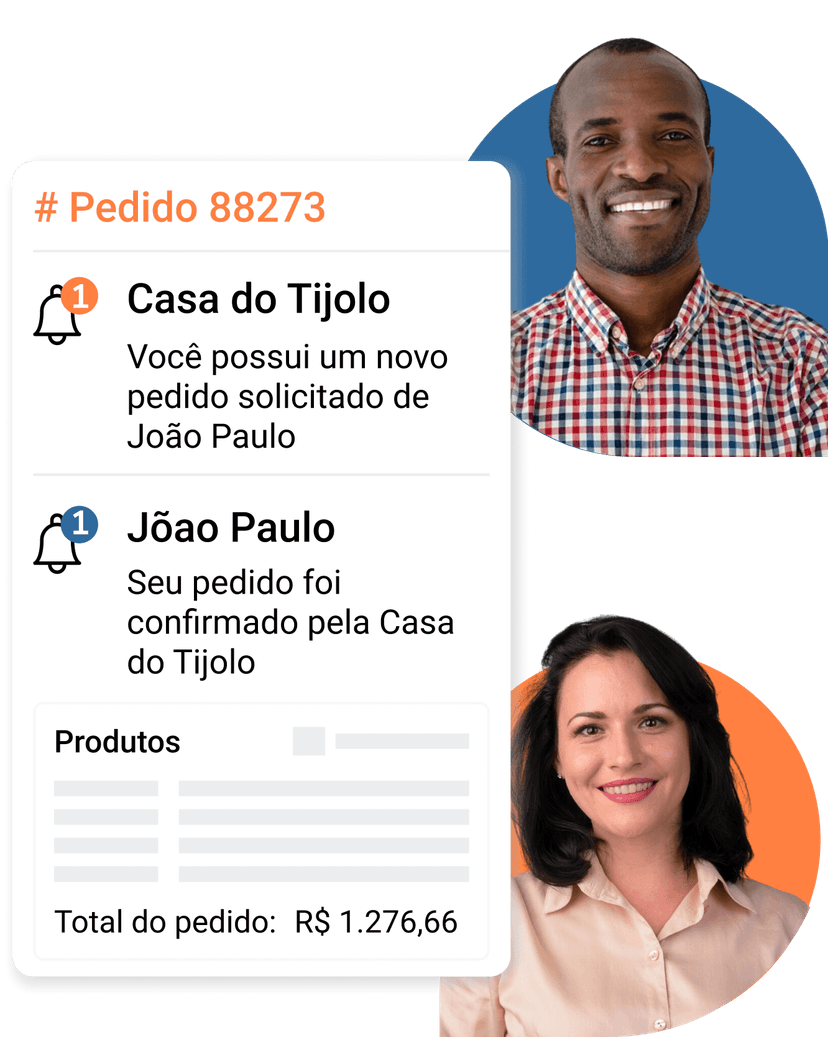 Interface de notificação exibindo fotos de um homem sorridente de camisa xadrez e uma mulher sorridente de blusa laranja com informações sobre um pedido. O pedido número 88273 da Casa do Tijolo foi solicitado por João Paulo e confirmado, listando produtos e um total de R$ 1.276,66.